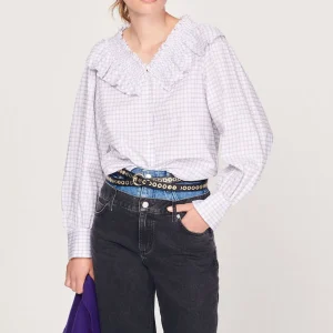 Cheap Checked Shirt With Ruffled Collar Women Tops & Shirts