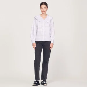 Cheap Checked Shirt With Ruffled Collar Women Tops & Shirts