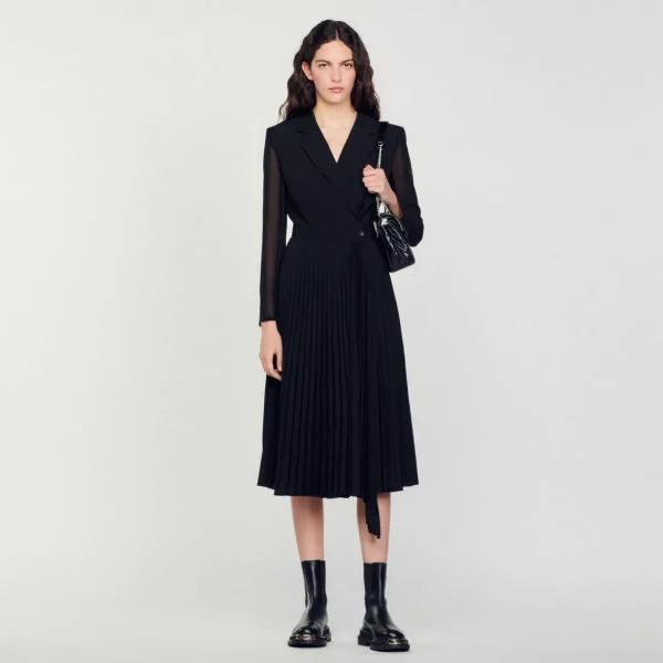 Outlet Dual-Material Long-Sleeved Dress Women Dresses