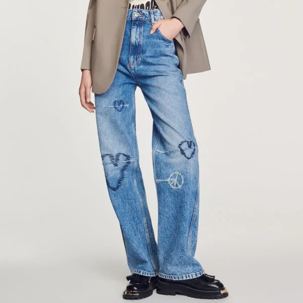 Hot Straight-Leg Jeans With Heart Embroidery Women Jeans