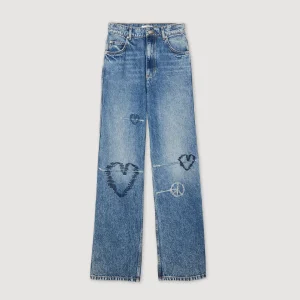 Hot Straight-Leg Jeans With Heart Embroidery Women Jeans